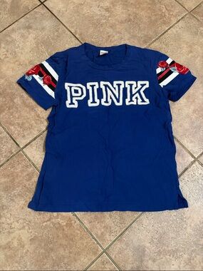 PINK Victoria's Secret Royal Blue Tee with White Logo & Red Rose Sleeve Accents